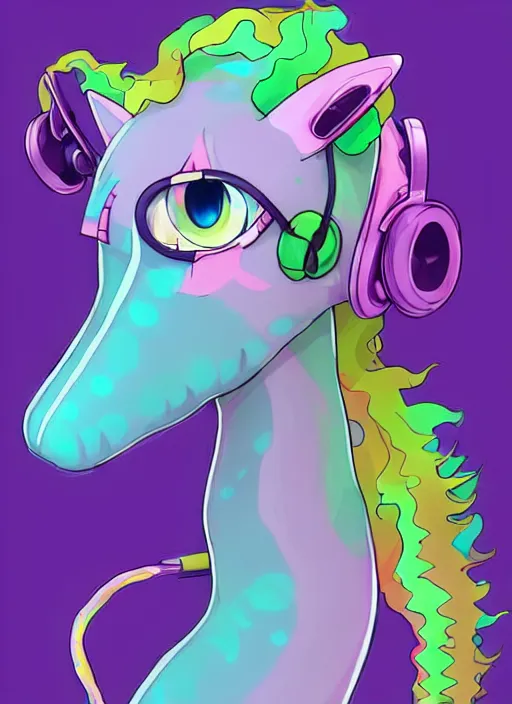 Prompt: cat seahorse fursona wearing headphones, autistic bisexual graphic designer, long haired attractive androgynous humanoid, coherent detailed character design, weirdcore voidpunk post minimalism digital art, furaffinity, cgsociety, trending on deviantart