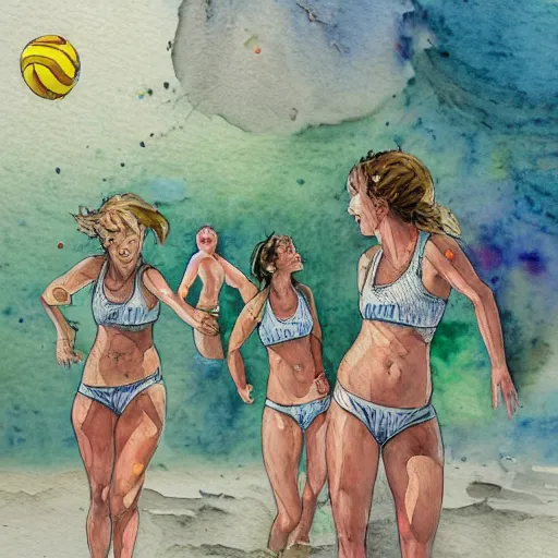 Prompt: on jupiter's moon, beach volleyball babes, botanic watercolors, iridescent, 8 k wide angle, realistic shaded, fine details, artstation, italian, oak tree, hydrangea, fun, party atmosphere