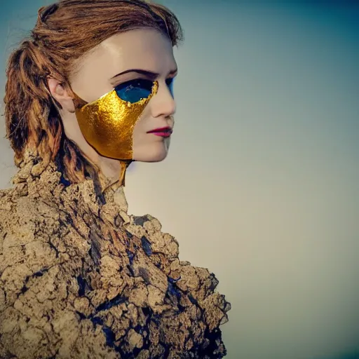 Image similar to The full body shot of beautiful pale lady with a while flower and full-face golden mask in a rocky desert background, multiple eyes and eyes reflection, long hair, photography, wide shot, day, cinematic composition, practical effects, award winning photo, 8k