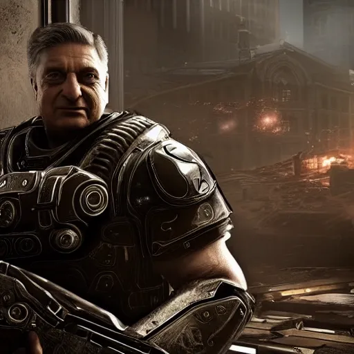 Image similar to george soros in gears of war, splash art, movie still, cinematic lighting, dramatic, octane render, long lens, shallow depth of field, bokeh, anamorphic lens flare, 8 k, hyper detailed, 3 5 mm film grain