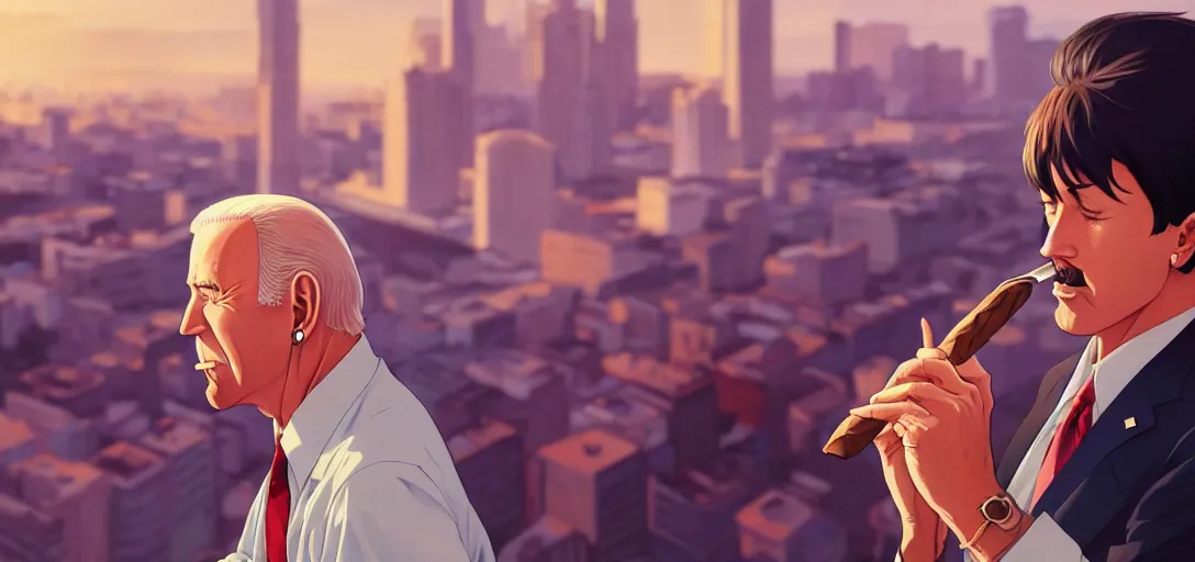 Image similar to ⁠portrait of Joe Biden Smoking a cigar , Karachi skyline background, rich vivid colors, ambient lighting, dynamic lighting, 4k, HQ, official media, anime key visual, makoto shinkai, ilya kuvshinov, lois van baarle, rossdraws, detailed, trending on artstation