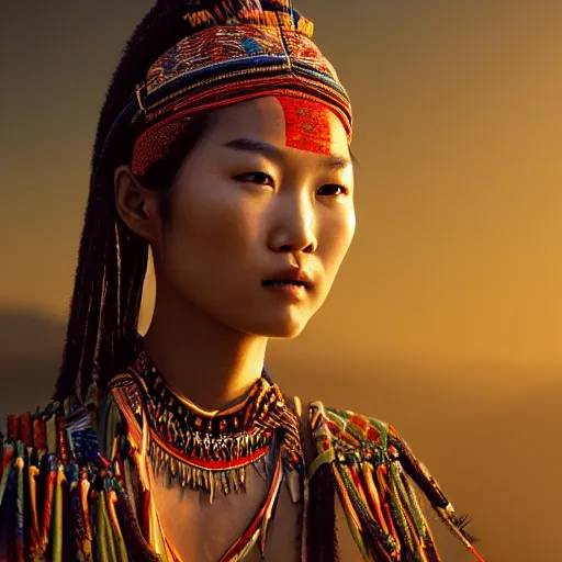 Image similar to portrait of a stunningly beautiful asian tribal female, depth of field, zeiss lens, detailed, symmetrical, centered, fashion photoshoot, by annie leibovitz and steve mccurry, david lazar, jimmy nelsson, breathtaking, 8 k resolution, extremely detailed, beautiful, establishing shot, artistic, hyperrealistic, beautiful face, octane render