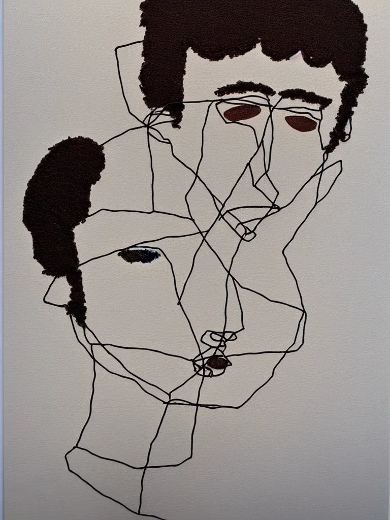 Image similar to elegant wire art portrait of an intelligent young man influenced by egon schiele. minimalist artwork full of human emotional expression and personality, strong eyes.