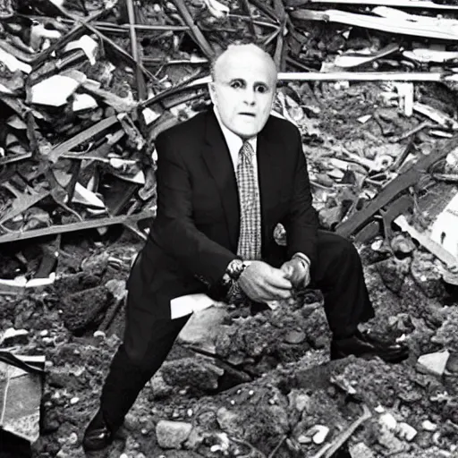 Prompt: crt surveillence footage of Rudy Giuliani wearing a bdsm outfit squatting on top of the world trade center rubble pile in ny