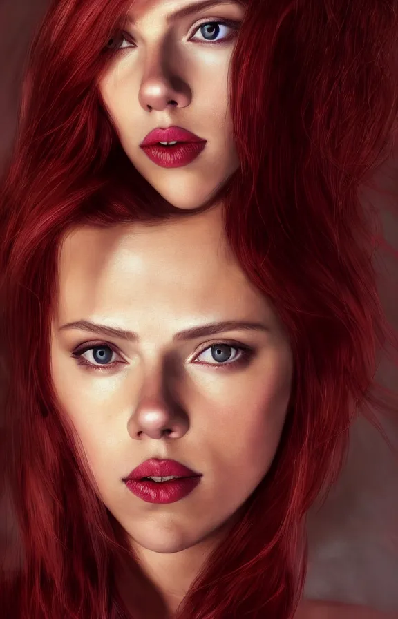 Prompt: soft lighting closeup portrait of young sexy scarlett johansson long hair wearing dark red latex, rembrandt lighting, rembrandt painting,