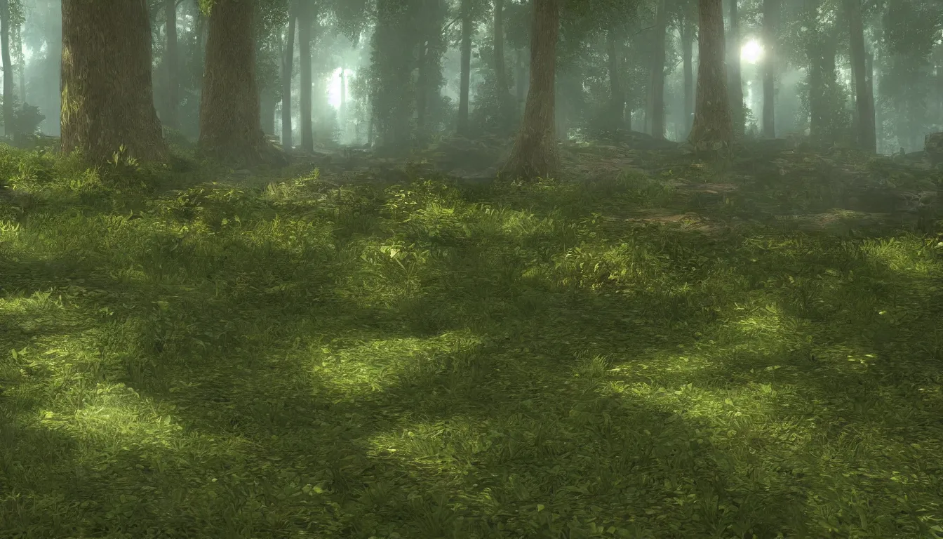 Prompt: a clearing in a forest, VGA graphics, high detail, adventure game