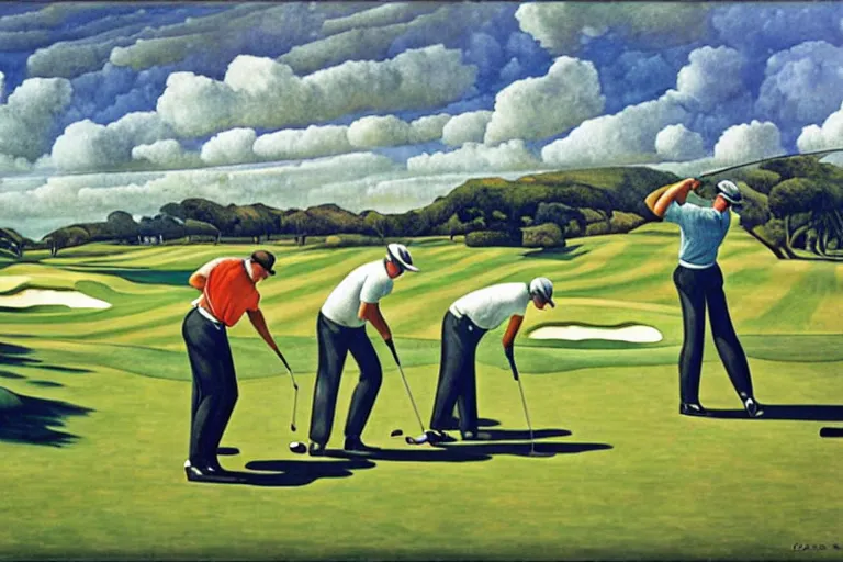 Image similar to Three golfers on a beautiful golf course driving range, by Diego Rivera