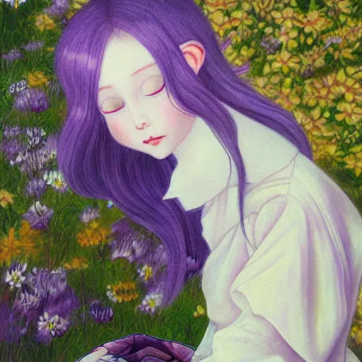 Prompt: little elf girl, tunic, soft hair. light color palate, purple, yellow and white. detailed soft painting, ayami kojima, made in abyss, anatomically correct, inspired in balthus, high detailed face anime, vogue magazine, realistic painting