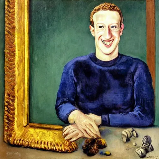 Prompt: “a deliriously happy king mark zuckerberg, portrait oil painting by Otto Dix, oil on canvas (1921)”