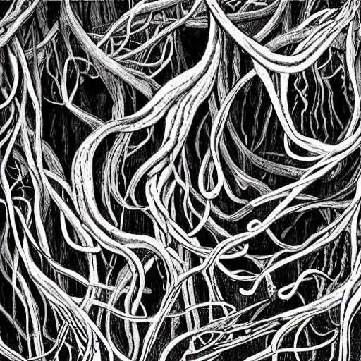 Prompt: ward - winning illustration of pitch black, tar - like, shadow roots with lots of tendrils spreading everywhere, intricate detail, deep black roots, infestation, shadowy, lovecraftian