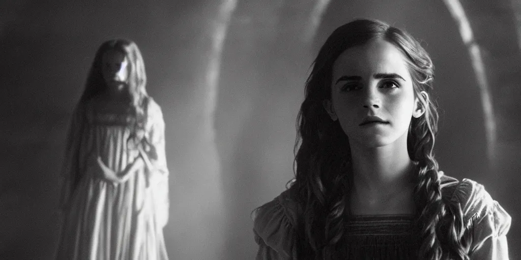 Image similar to Film still of Emma Watson as Hermione Granger. Silhouette. Shadowed. Halo. Ring of light. 35mm lens. Backlit. Angelic. Beautiful. William Adolphe Bouguereau. Henriette Browne.