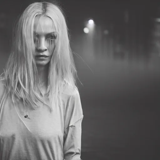 Prompt: hyperdetailed photo of a serious skinny woman with light eyes in front of a dark fog cybercity, short blonde straight hair, hollow cheeks, wearing wet t - shirt, inside berghain, classic, photo 3 5 mm leica, hyperdetail, 8 k, very detailed, fine face