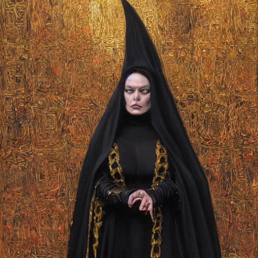 Image similar to a painting by donato giancola representing a witch dressed in black clothes embroidered with gold.