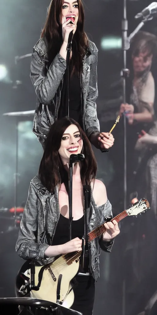 Image similar to Anne Hathaway as a rock singer on the stage