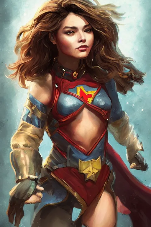 Image similar to three quarters portrait of a beautiful woman,super hero costume,heroic pose,highly detailed, digital painting,illustration, art by Stanley Lau