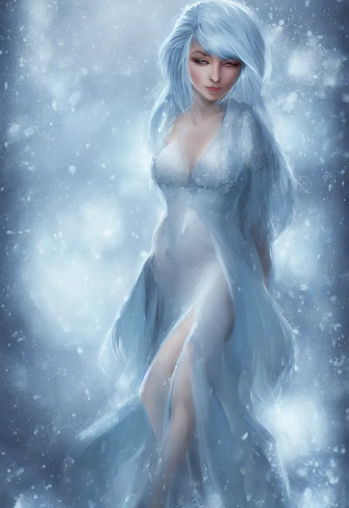 Image similar to a stunningly pretty woman with pale blue hair wearing a dress made out of snowflake in the middle of a snowstorm. award - winning digital art, trending on artstation