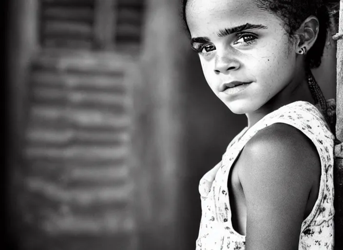 Prompt: professional fine detailed photo portrait of young black emma watson from zanzibar, africa. kid emma watson in the african suburbia, iphone photo, instagram, black and white - - cfg _ scale 7