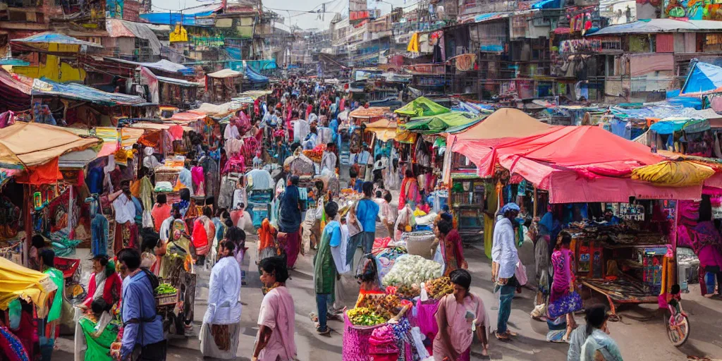 Prompt: indian street market filled with people, food stalls, rickshaws photography