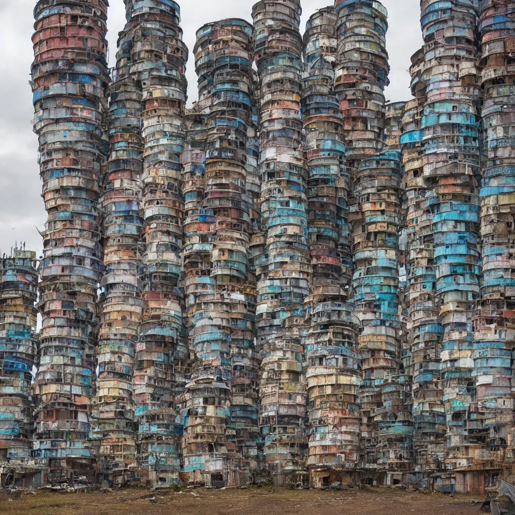 Image similar to circular towers, made up of makeshift squatter shacks with faded colours, dystopia, sony a 7 r 3, f 1 1, fully frontal view, photographed by jeanette hagglund and terry gilliam