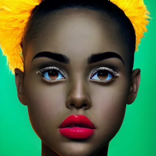 Prompt: a masterpiece portrait photo of a beautiful young woman who looks like a black miley cyrus, symmetrical face