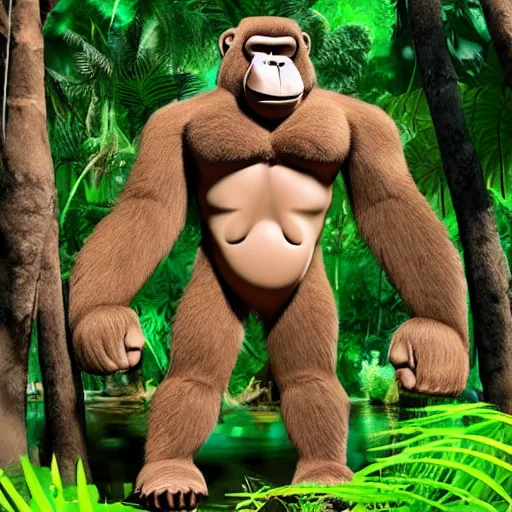 Image similar to Anthropomorphic bipedal gorilla wearing a t-shirt and shorts, in the background is lush jungle, manga