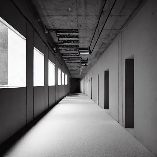 Prompt: noisy color photograph of a liminal space in the style of brutalism, wise hallways with high ceilings, minimalist, oddly familiar, cinematic, dramatic lighting, soft vintage glow