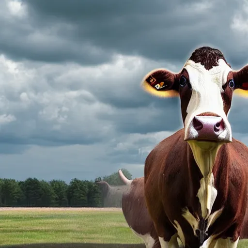 Image similar to a highly detailed ultra realistic photograph of a cow dressed in a male airplane pilot suit