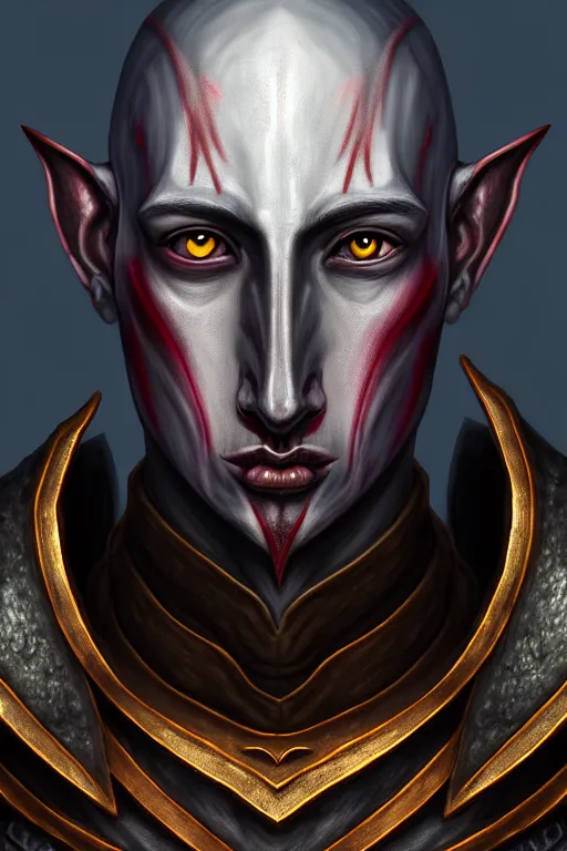 Prompt: hyperrealistic morrowind dunmer male nerevarine in front of balmora, red eyes, 3 / 4 portrait, symmetrical face, handsome face, full body dnd character portrait, medieval armor, morrowind armor, oblivion armor, skyrim armor, eso armor, intricate, highly detailed, elegant, 4 k, artstation, deviantart