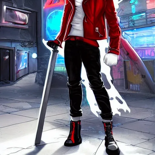 Prompt: Badass full body antropomorphic white cat wearing a red and black overcoat with jeans, round biker goggles in his forehead, black fingerless gloves, branding a modern but enchanted glowing engraved sword against demons in a futuristic dark neon parking slot. The cat seems to be confident and having fun. draw in an artstation, painting, AAA game cover style, detailed, colorful,