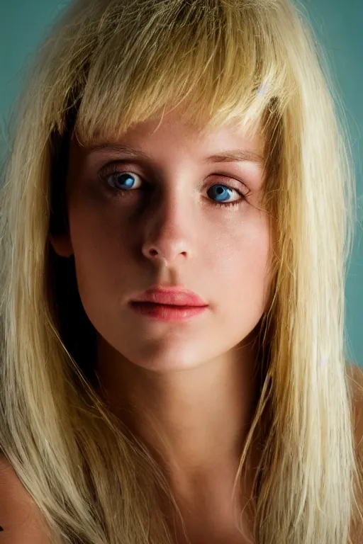 Image similar to a beautiful blonde girl in the 8 0's, portrait shot 8 5 mm