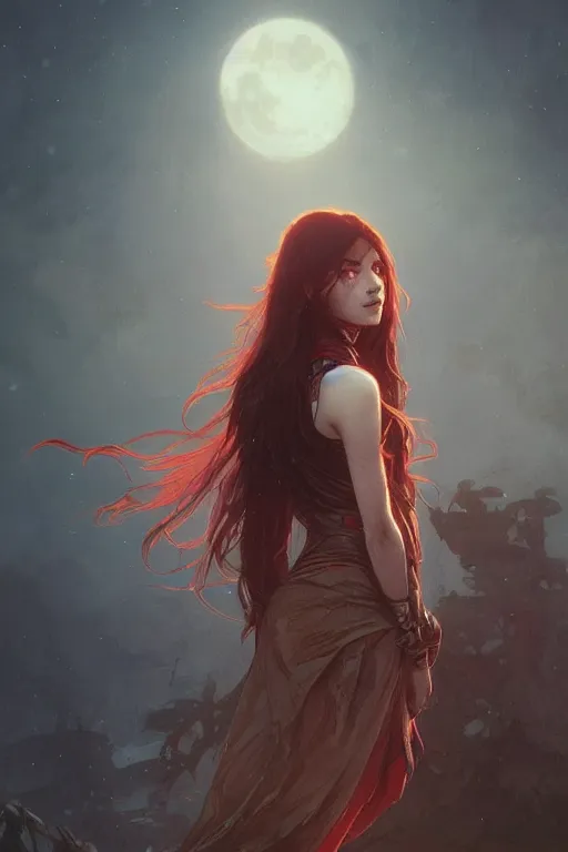 Prompt: long hair, red eyes, portrait, girl, red moon night background, night, high detail, concept art, digital art, illustration, smooth, sharp focus, greg rutkowski, alphonse mucha, trending on artstation, trending on deviantart,