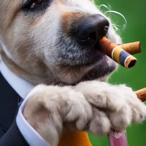 Image similar to a high detail closeup photograph of a dog wearing a suit 👔,and smoking a cigarrette🚬, award wining photograph