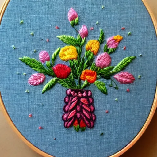 Image similar to a tiny beautiful handmade embroidery of a stunning bouquet of flowers. hand embroidery.