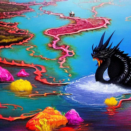Prompt: highly detailed oil painting of a black dragon in a colorful hotspring at yellowstone national park, featured on artstation