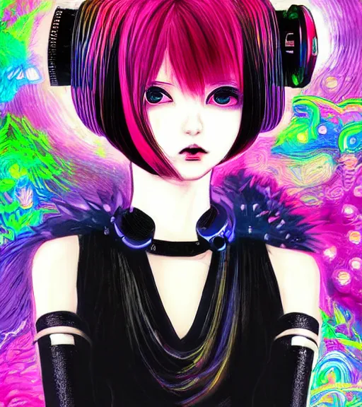 Prompt: very beautiful maximalist portrait painting of a black bobcut hair style industrial goth magical girl in a blend of manga - style art, augmented with vibrant composition and color, all filtered through a cybernetic lens, by hiroyuki mitsume - takahashi, pastel colors