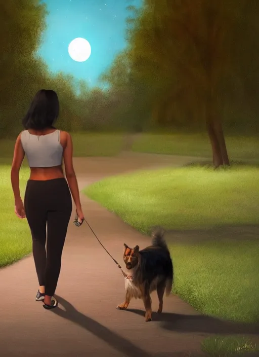 Prompt: young beautiful brown woman walking with her dog in a park at night with a full moon, illustration, photoreal, fantasy, trending. masterpiece work of art . oil on canvas. Digitally painted. Realistic. 3D. 8k. UHD.