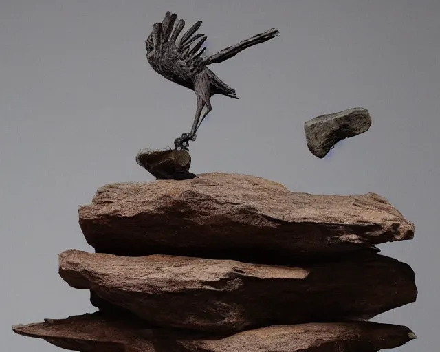 Image similar to a rock table that's holding an ancient effigy of a raven, clay sculpture, photograph, zoomed out, trending on tumblr, history textbook