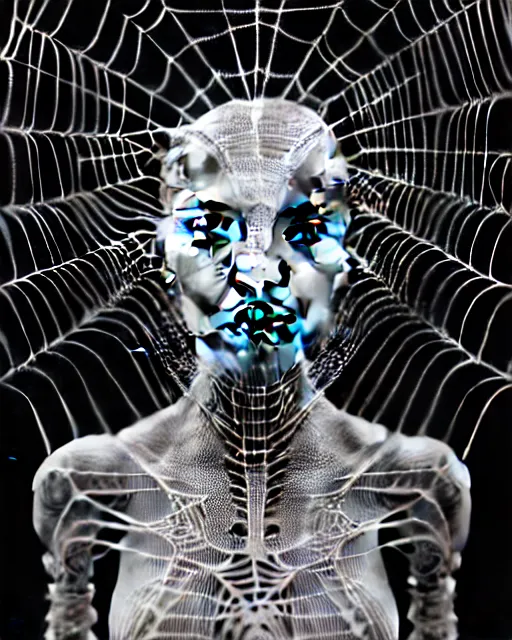 Image similar to black and white cyborg-plant goddess high quality photo, artificial intelligence, bio-mechanical bio-luminescence, artificial spider web, neurons, nerve cells, octane render, cinematic, rim light, hyper realism, photo-realistic, high detail, 8k, in the style of Steven Meisel and Dora Maar and H.G. Giger