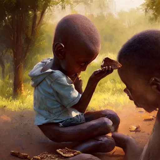 Prompt: oil painting of a malnourished ugandan boy sharing bread with a blond well fed child american, by greg rutkowski, artstation