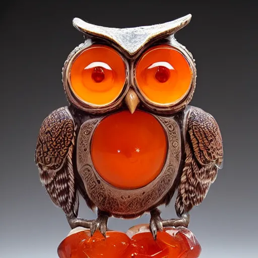 Prompt: symmetrical detailed sculpture of an owl, made of Carnelian
