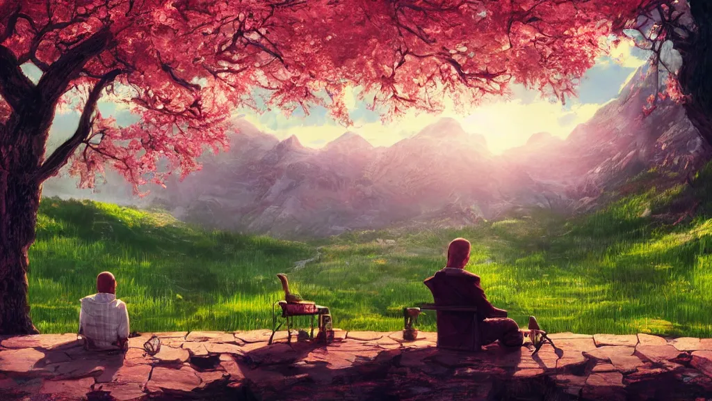 Image similar to featured on artstation walter white sitting under a cherry tree overlooking valley waterfall sunset beautiful image stylized digital art