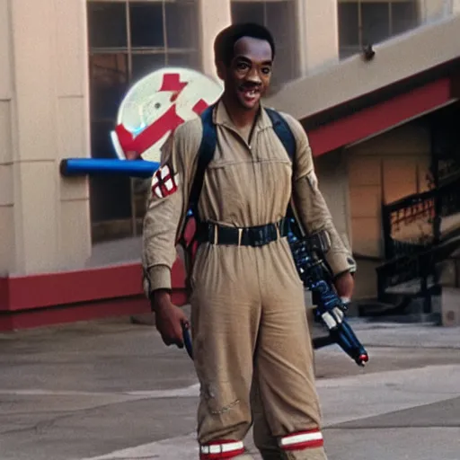 Prompt: young Eddie Murphy as a Ghostbuster in a still from the movie Ghostbusters 8k hdr