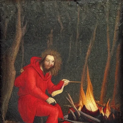 Prompt: a 17th century painting of a man in a red hoodie sitting next to a campfire in a dark bloody red forest