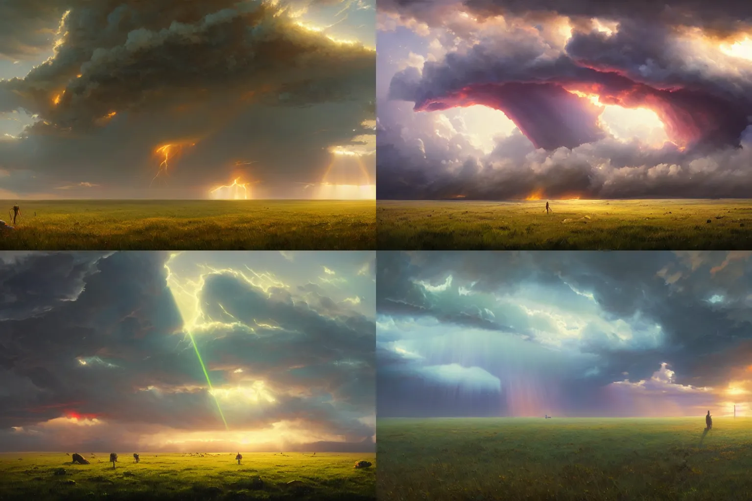 Prompt: a view from a grassy field as a giant supercell thunderstorm approaches, crepuscular rays, vivic colors, epic painting by Greg Rutkowski and Craig Mullin, Makoto Shinkai, oil on canvas, soft lighting, epic feels, 8k