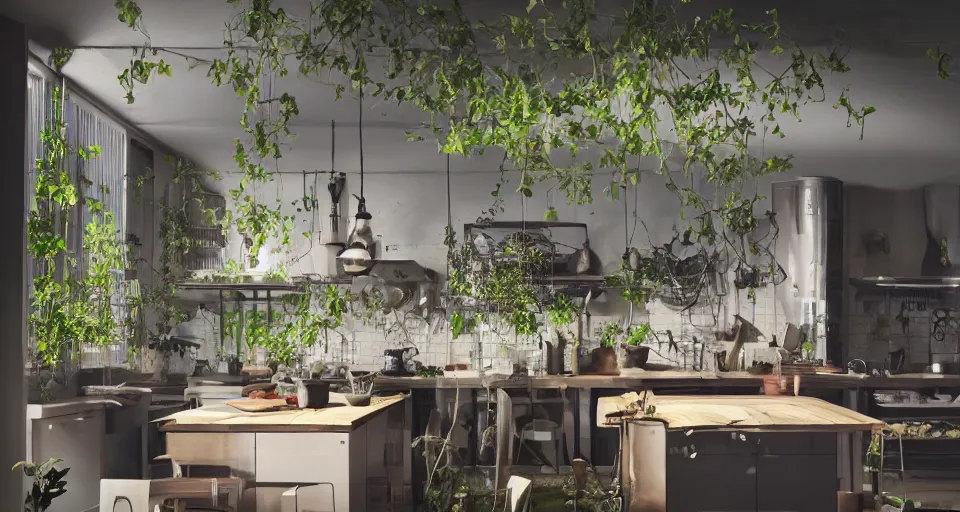 Prompt: IKEA catalogue photo, high end farm house style kitchen, cyberpunk with neon lighting, organic, vines by Beksiński
