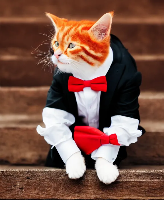 Prompt: award winning photography of a cute ginger cat wearing a smart black suit and a red bowtie