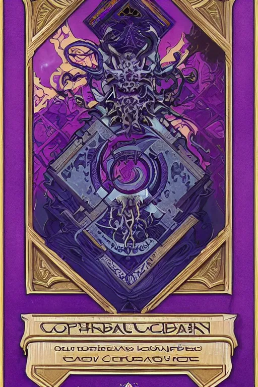 Image similar to Boardgame card, with ornamental edges, sharp, symmetrical, Lovecraftian, purple, gold, black and blue, tzeentch, by greg rutkowski and alphonse mucha, 8k, trending on artstation