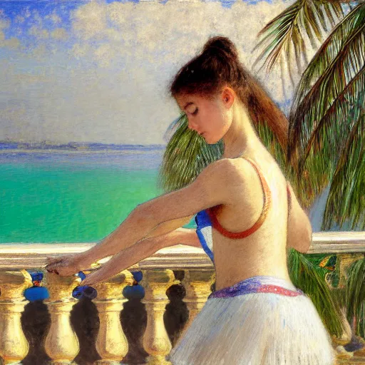 Prompt: a ultradetailed beautiful painting of a ballerina in the amazonas palace balustrade designed by jules bastien - lepage, hans belmer, frank weston and gustave baumann, beach, trending on artstation, mediterranean, palm trees, refracted color sparkles, sharp focus, soft light, 8 k 4 k