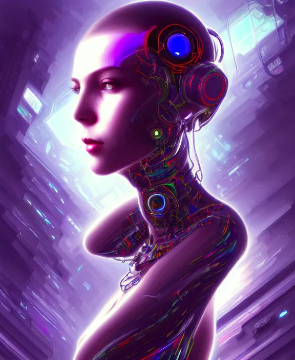 Image similar to a whirlwind of souls rushing inside the metaverse, hologram, half body, neurochip, shaved temple, piercing, jewelry, android, cyborg, cyberpunk face, by loish, d & d, fantasy, intricate, elegant, highly detailed, colorful, digital painting, artstation, concept art, art by artgerm and greg rutkowski and alphonse mucha