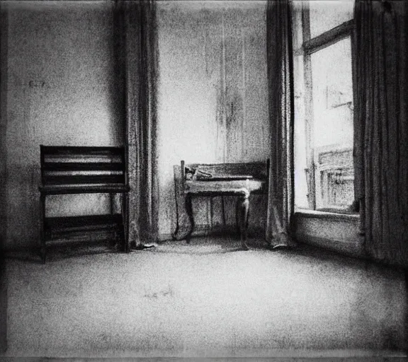 Prompt: vintage room by Andrei Tarkovsky, analogue photo quality, monochrome, blur, unfocus, cinematic, semi pencil drawing, scrathes